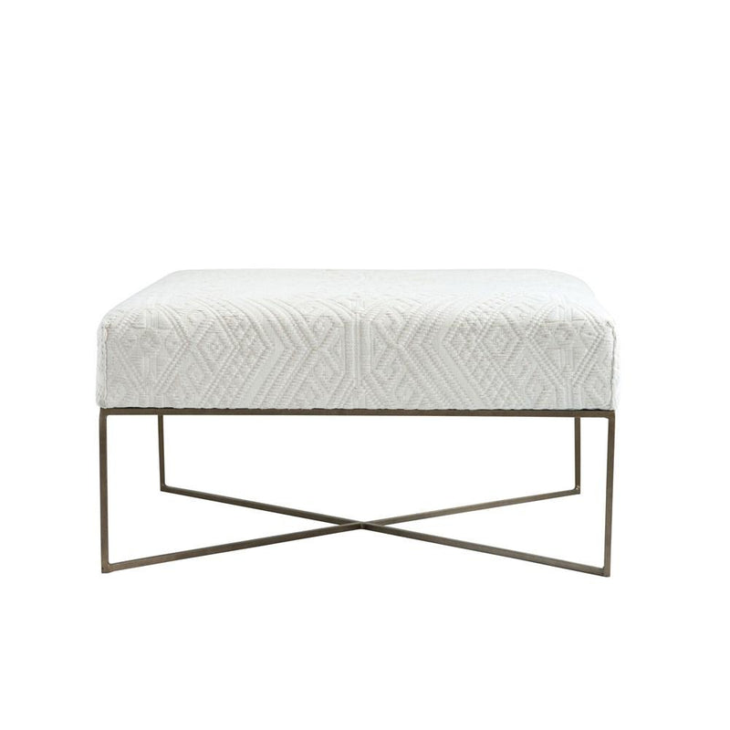 Damask Cream Ottoman with Antique Brass