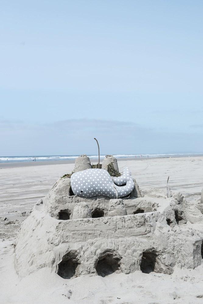 Grey Knit Whale Pillow with White Dots