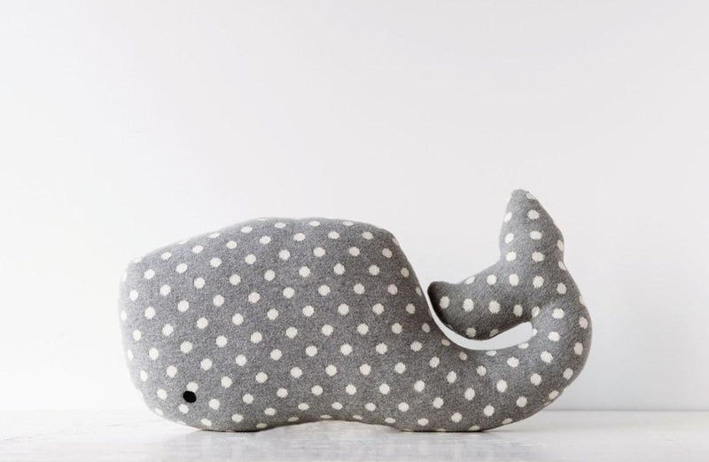 Grey Knit Whale Pillow with White Dots