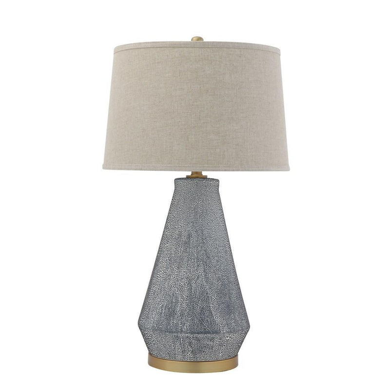 Blue Ceramic Table Lamp with Natural Linen Shade