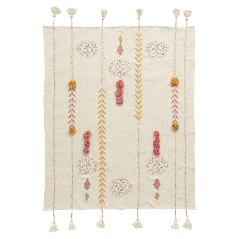 Cream Embroidered Throw with Tassles