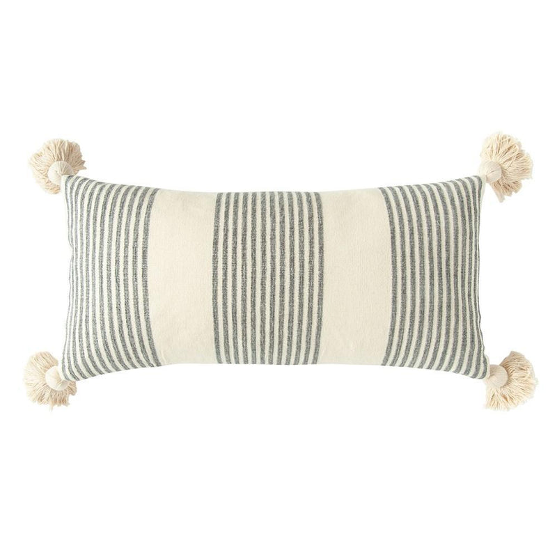 Grey Striped Lumbar Pillow with Tassels