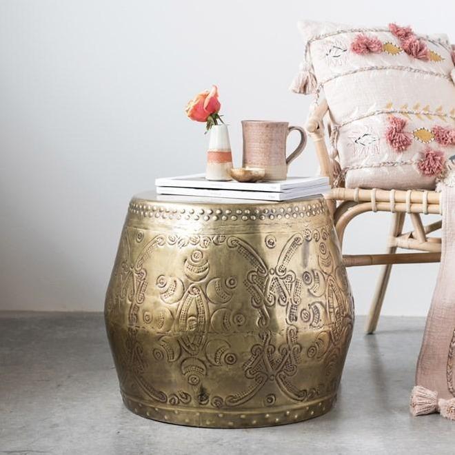 Antique Brass Debossed Drum Table