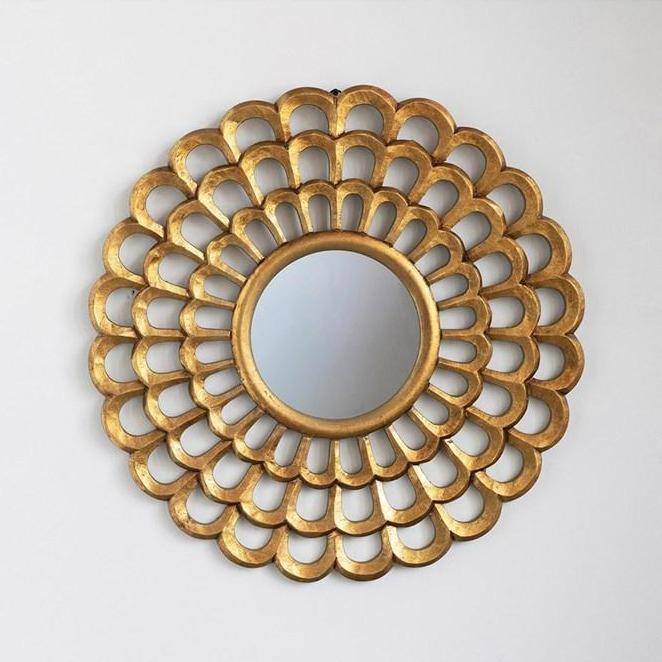 Round Scalloped Hand-Carved Mirror with Gold Finish