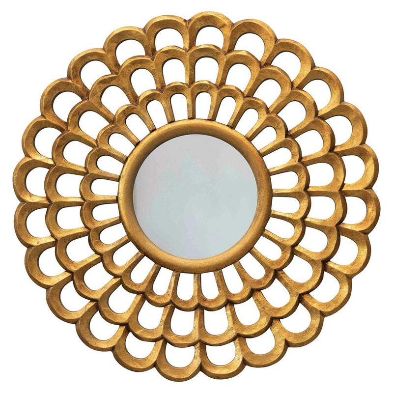 Round Scalloped Hand-Carved Mirror with Gold Finish