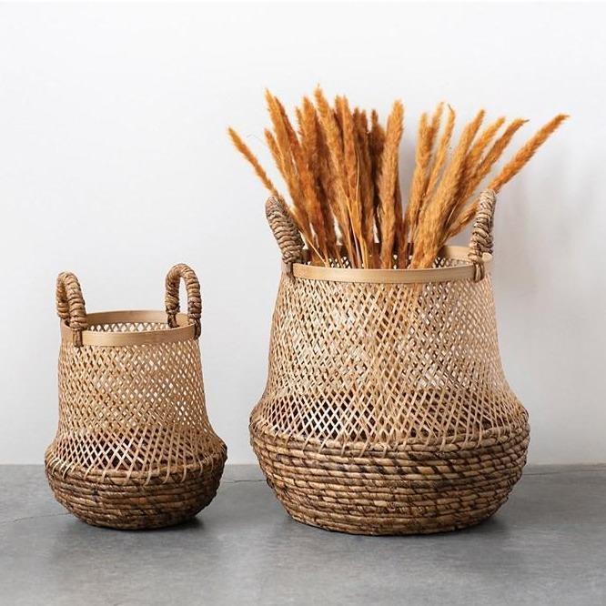 Hand Woven Bamboo Baskets with Handles, Set of 2