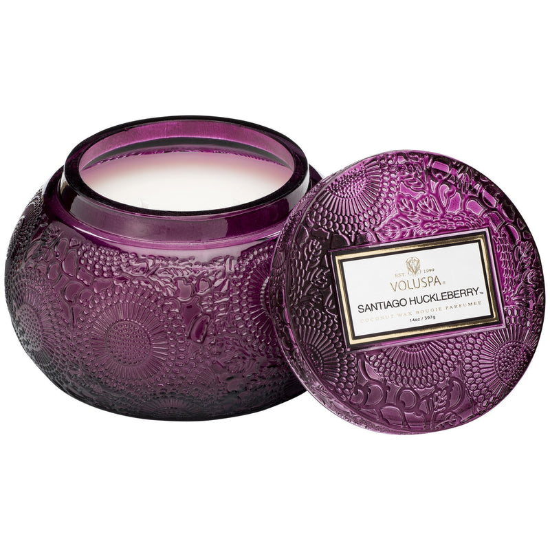 Chawan Bowl 2 Wick Embossed Glass Candle in Santiago Huckleberry design by Voluspa