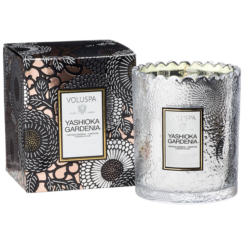 Scalloped Edge Embossed Glass Candle in Yashioka Gardenia design by Voluspa