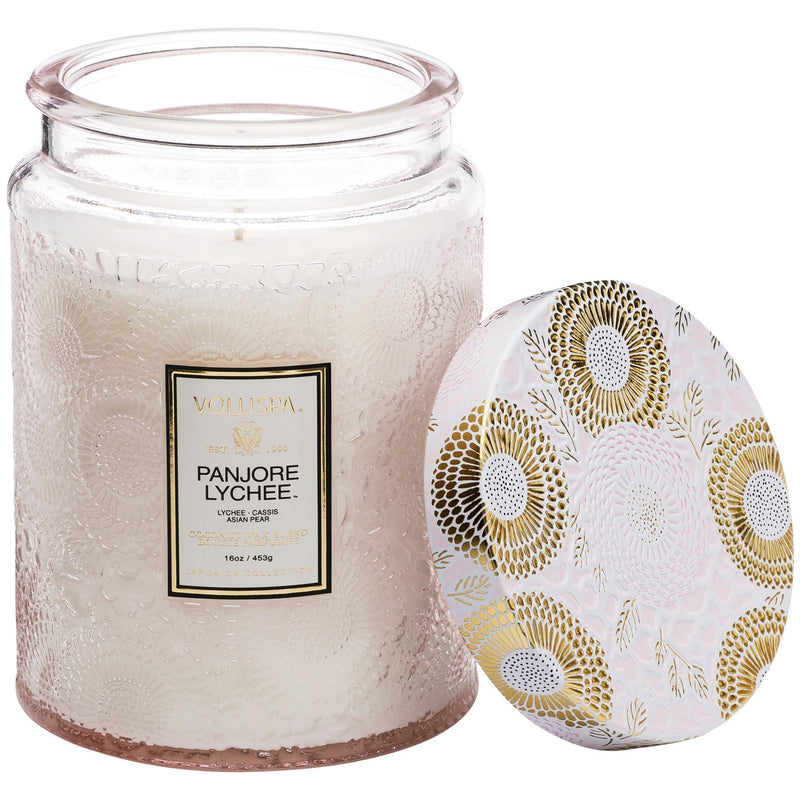 Large Embossed Glass Jar Candle in Panjore Lychee design by Voluspa