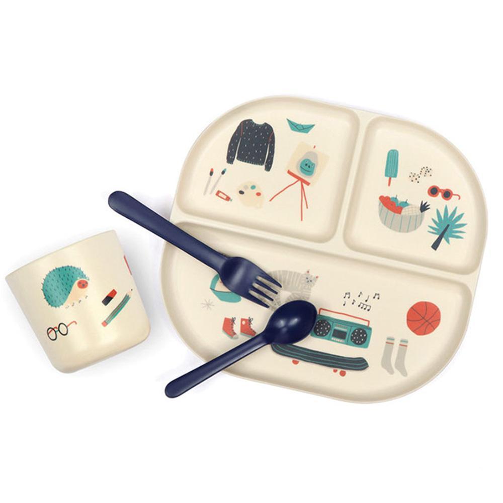 Illustrated Bamboo Kids Dinner Set in Various Colors