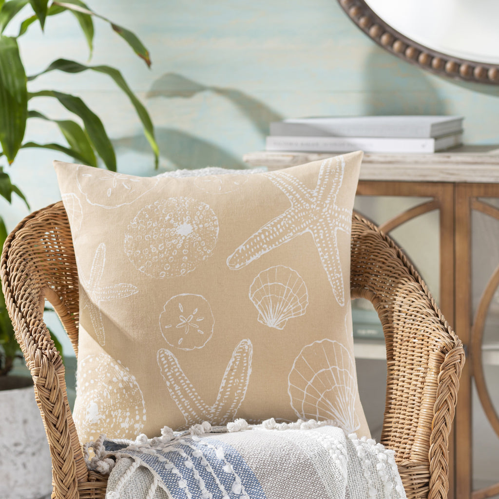 Sea Life SLF-009 Woven Pillow in Wheat & White