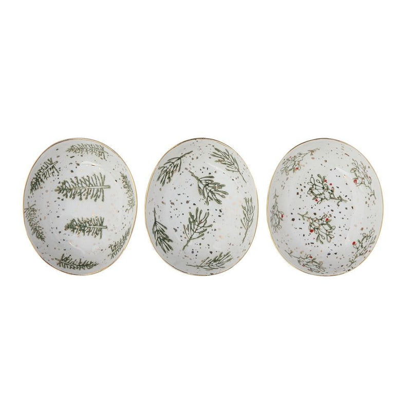 Oval Hand-Painted Stoneware Dish w/ Greenery & Gold Electroplating, Set of 3