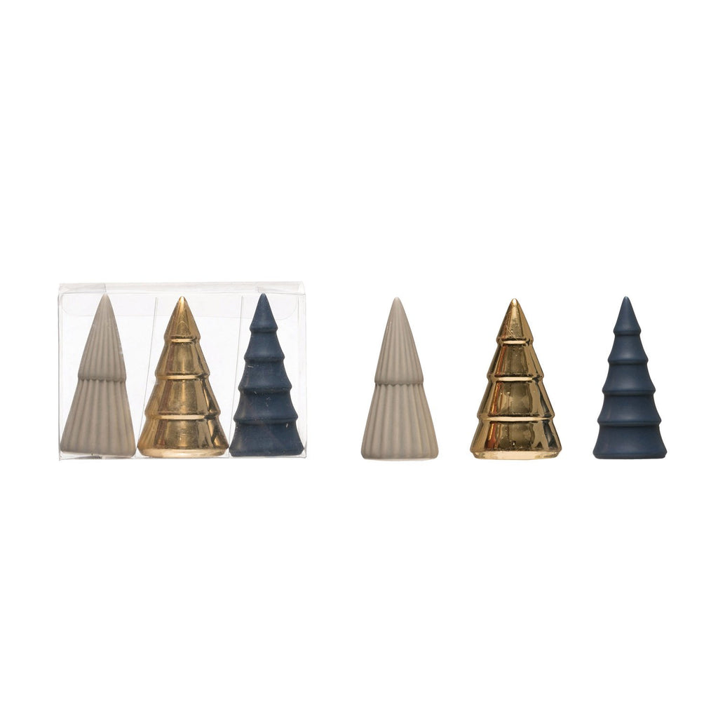 Porcelain Trees, Blue, Grey & Gold, Set of 3