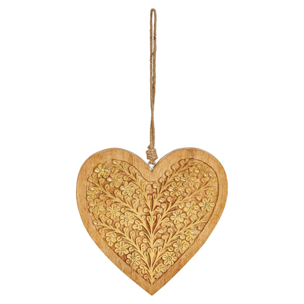 Hand-Carved Wood Heart Ornament with Gold Finish