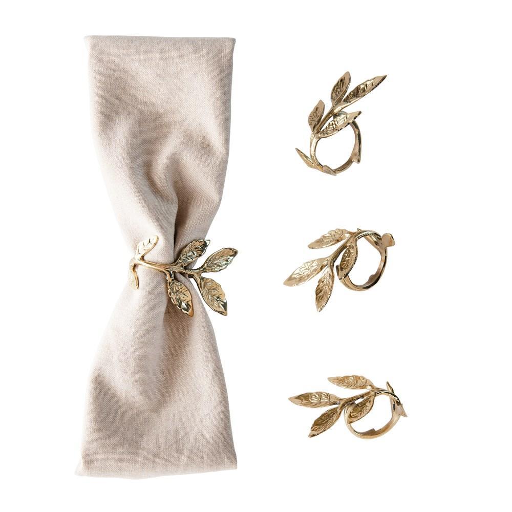 Cast Metal Napkin Rings w/ Leaves, Brass Finish, Set of 4