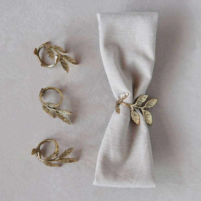 Cast Metal Napkin Rings w/ Leaves, Brass Finish, Set of 4