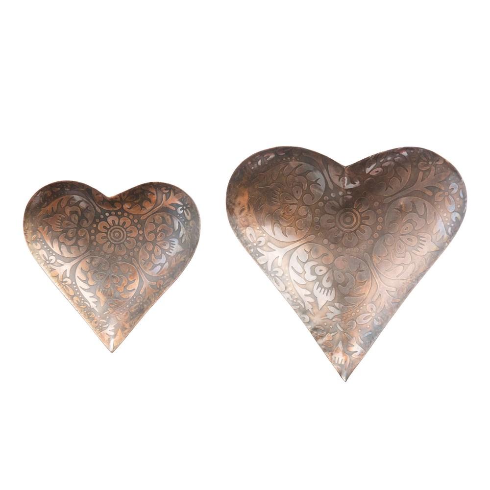 Decorative Metal Heart Trays with Embossed Design, Antique Copper Finish, Set of 2