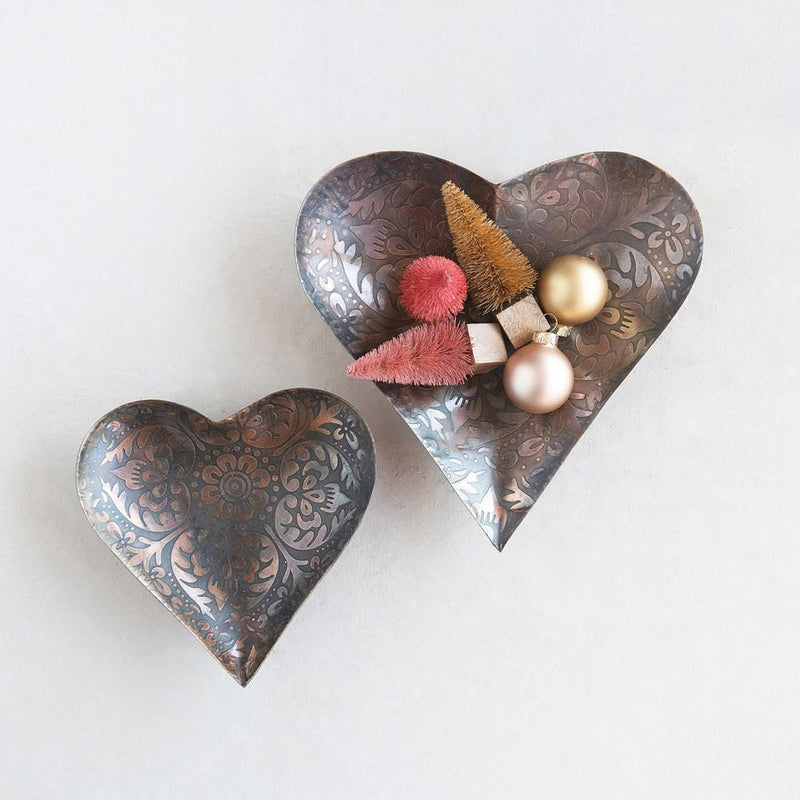 Decorative Metal Heart Trays with Embossed Design, Antique Copper Finish, Set of 2