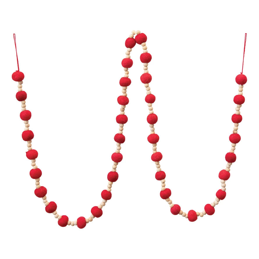 Wool Felt Ball and Wood Bead Garland, in Various Colors