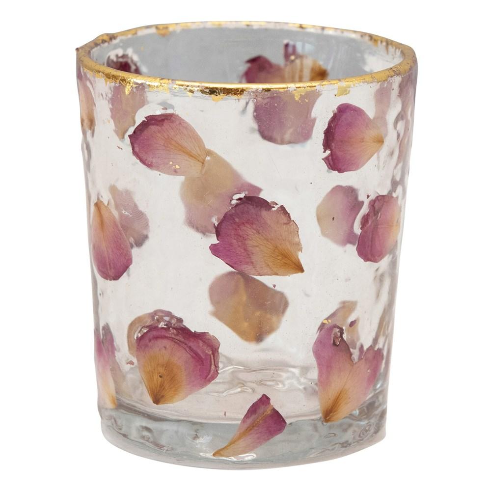 Glass Votive Holder w/ Rose Petals & Gold Rim