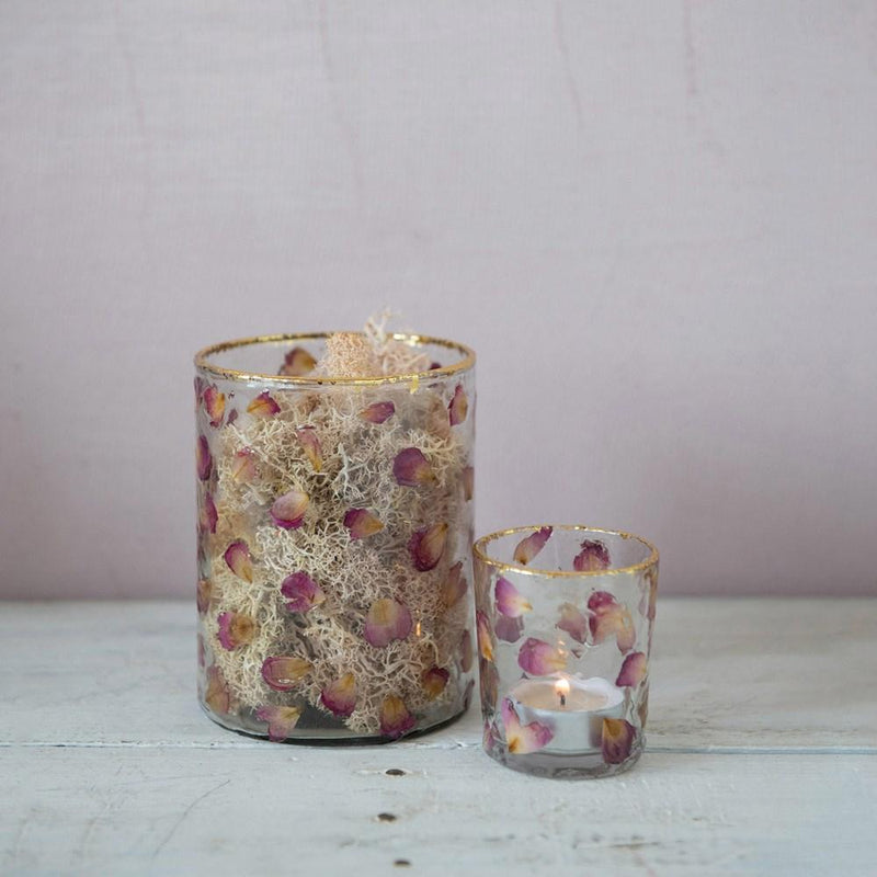 Glass Votive Holder w/ Rose Petals & Gold Rim