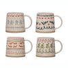 Stoneware Holiday Mug with Hand-Stamped Pattern, Set of 4