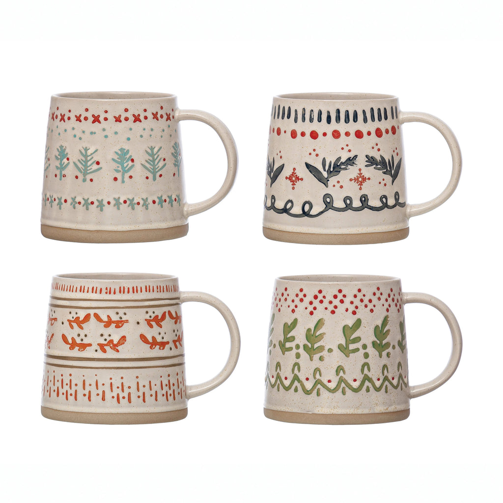 Stoneware Holiday Mug with Hand-Stamped Pattern, Set of 4