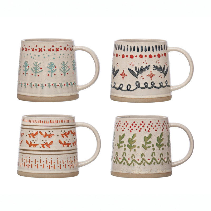 Stoneware Holiday Mug with Hand-Stamped Pattern, Set of 4