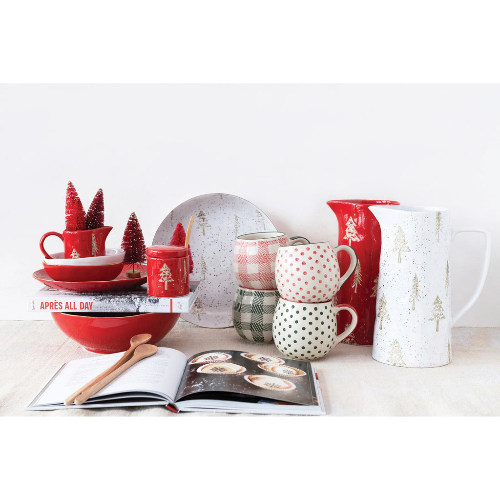 Hand-Painted Stoneware Mug with Red and Green Pattern in Various Styles