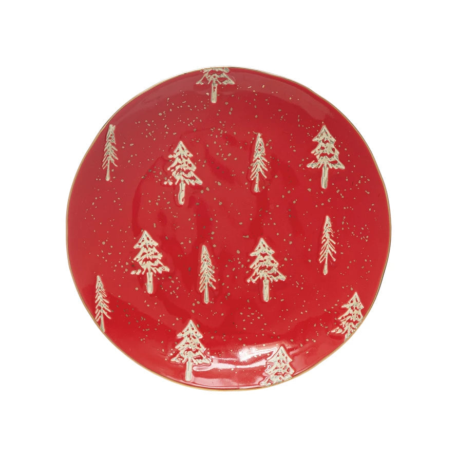 Red Stoneware Plate with Tree Pattern